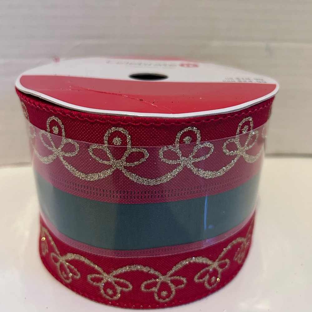 Red and Gold Decorative WIRED Ribbon 3.5”